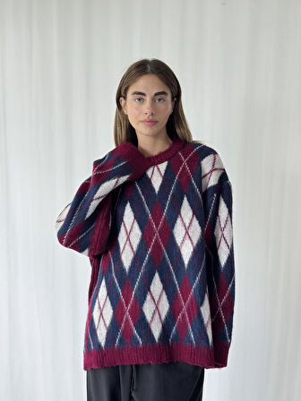 Retrobird Şardonlu Tüylü Baklava Dilim Triko Kazak Kadın Bordo Krem