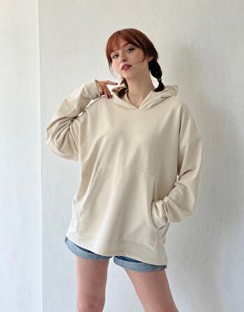 Retrobird Oversize Basic Kapüşonlu Sweatshirt Erkek Bej