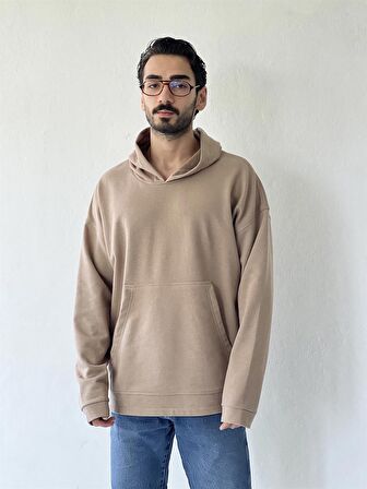 Retrobird Oversize Basic Kapüşonlu Sweatshirt Erkek Taba