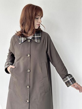 Retrobird Ekose Yaka İngiliz Stili Tasarım Trenchcoat Kadın Haki