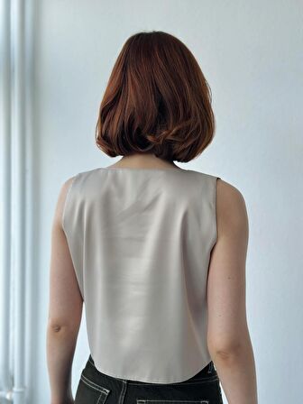 Retrobird Crop Basic Saten Atlet Bluz Kadın Krem