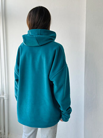 Retrobird Polar Kışlık Oversize Kapüşonlu Sweatshirt Unisex Petrol