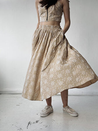 Retrobird Circle Kloş Maxi Boy Etek Kadın Kum Renkli