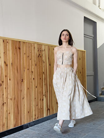 Retrobird Circle Kloş Maxi Boy Etek Kadın Kum Renkli