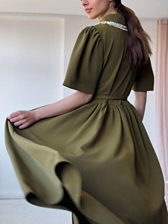 Retrobird 1950'li Yılların Tasarımı Dantelli Betty Maxi Uzun Elbise Kadın Haki