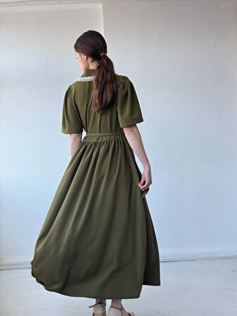 Retrobird 1950'li Yılların Tasarımı Dantelli Betty Maxi Uzun Elbise Kadın Haki