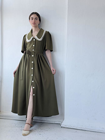 Retrobird 1950'li Yılların Tasarımı Dantelli Betty Maxi Uzun Elbise Kadın Haki