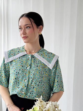 Retrobird Tasarım Dantelli Bebe Yaka Gömlek Kadın Mint