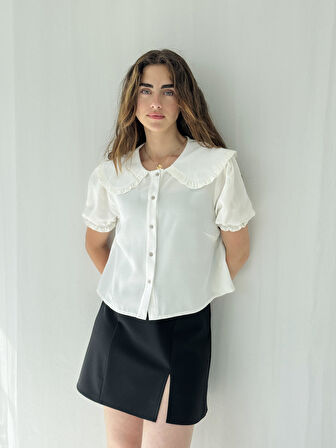 Retrobird Tasarım Bebe Yaka Hafif Karpuz Kol Gömlek Kadın Beyaz