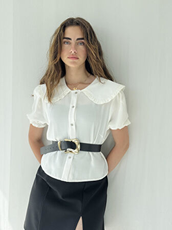 Retrobird Tasarım Bebe Yaka Hafif Karpuz Kol Gömlek Kadın Beyaz