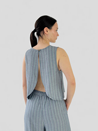 Retrobird Sırtı Açık Kısa Bluz Üst Kadın Kül Mavi