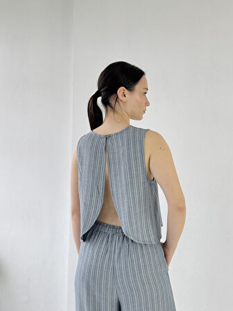 Retrobird Sırtı Açık Kısa Bluz Üst Kadın Kül Mavi