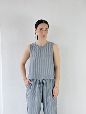 Retrobird Sırtı Açık Kısa Bluz Üst Kadın Kül Mavi