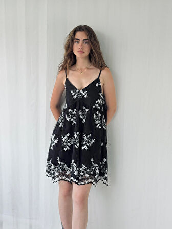 Retrobird Tasarım June Dantel Askılı Mini Elbise Kadın Siyah