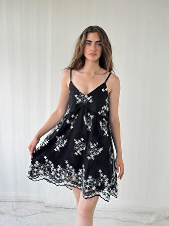 Retrobird Tasarım June Dantel Askılı Mini Elbise Kadın Siyah