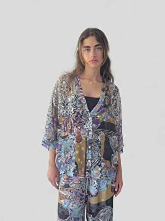 Retrobird Tasarım V Yaka Şifon Kimono Gömlek Kadın Açık Mavi