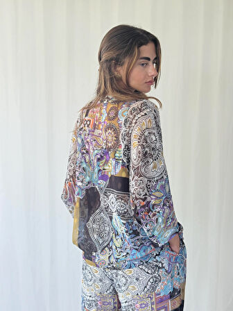 Retrobird Tasarım V Yaka Şifon Kimono Gömlek Kadın Açık Mavi