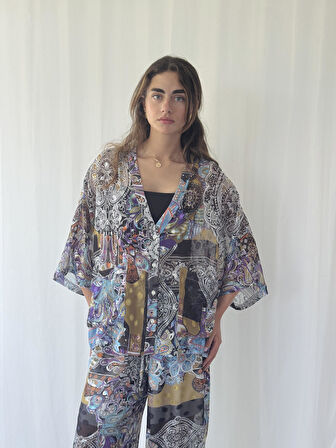Retrobird Tasarım V Yaka Şifon Kimono Gömlek Kadın Açık Mavi