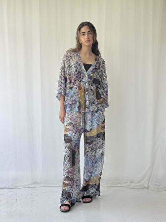 Retrobird Tasarım V Yaka Şifon Kimono Gömlek Kadın Açık Mavi