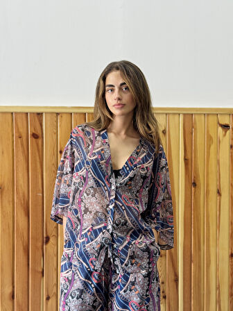Retrobird Tasarım V Yaka Şifon Kimono Gömlek Kadın Mürdüm