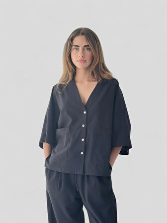 Retrobird Tasarım V Yaka Keten Kimono Gömlek Kadın Siyah