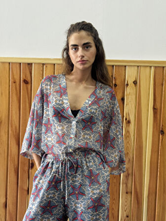 Retrobird Tasarım V Yaka Şifon Kimono Gömlek Kadın Çok Renkli