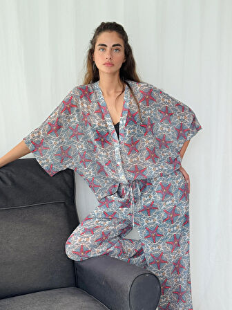 Retrobird Tasarım V Yaka Şifon Kimono Gömlek Kadın Çok Renkli