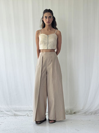 Retrobird Yırtmaç Detaylı Wide-Leg Pantolon Etek Kadın Vizon