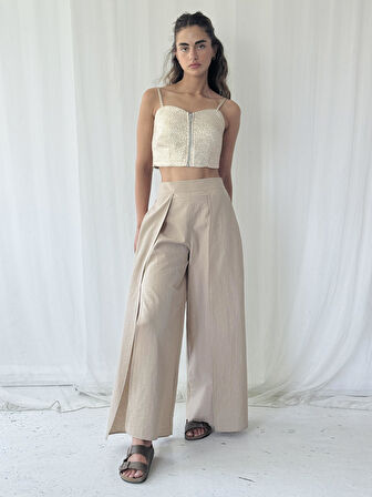 Retrobird Yırtmaç Detaylı Wide-Leg Pantolon Etek Kadın Vizon