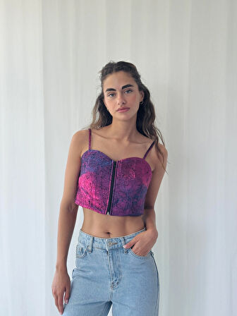 Retrobird Tasarım Önden Fermuarlı Büstiyer Kadın Fuşya