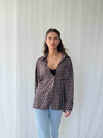 Retrobird Tasarım Boyfriend Gömlek Kadın Kahverengi