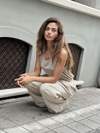 Retrobird Tasarım Bol Kesim Relax Pantolon Kadın Camel Çizgili