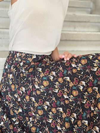 Retrobird Valerie Burç Desenli Viskon Kloş Uzun Etek Kadın Çok Renkli