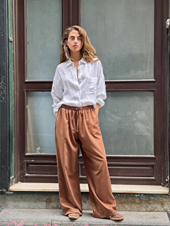 Retrobird Tasarım Bol Kesim Relax Pantolon Kadın Açık Kahve