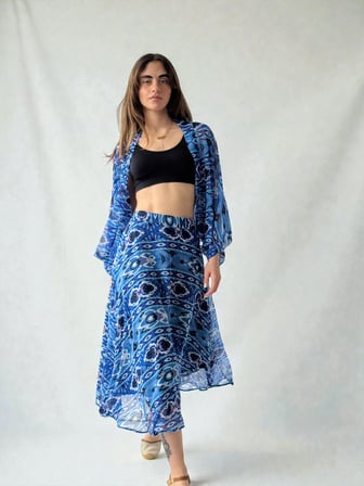 Retrobird Valerie Şifon Kloş Astarlı Uzun Kadın Etek Mavi