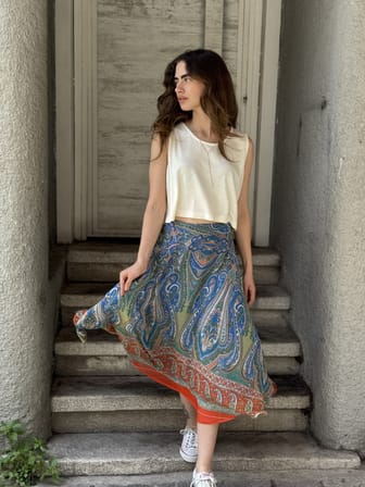 Retrobird Valerie Şifon Kloş Astarlı Uzun Etek Kadın Turuncu Mavi