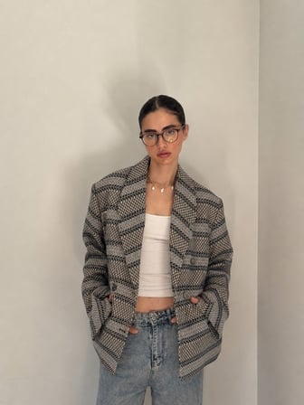 Retrobird 90'lar Retro Model Oversize Tasarım Ekose Ceket Kadın Gri-Lacivert