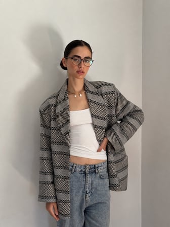Retrobird 90'lar Retro Model Oversize Tasarım Ekose Ceket Kadın Gri-Lacivert