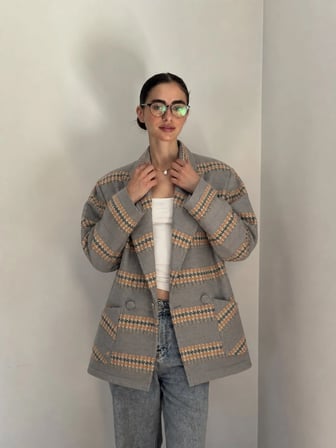 Retrobird 90'lar Retro Model Oversize Tasarım Ekose Ceket Kadın İndigo