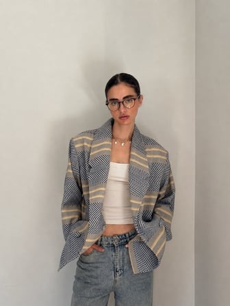 Retrobird 90'lar Retro Model Oversize Tasarım Ekose Ceket Kadın Lacivert-Krem