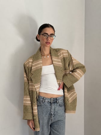 Retrobird 90'lar Retro Model Oversize Tasarım Ekose Ceket Kadın Zeytin Renkli