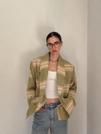 Retrobird 90'lar Retro Model Oversize Tasarım Ekose Ceket Kadın Zeytin Renkli