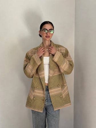Retrobird 90'lar Retro Model Oversize Tasarım Ekose Ceket Kadın Zeytin Renkli