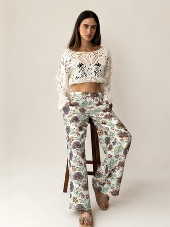 Retrobird Josie Retro Çiçek Desenli Geniş Paça Pantolon Kadın Çok Renkli