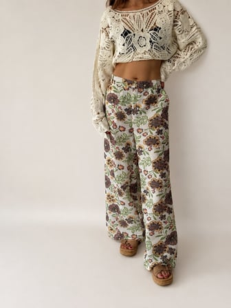 Retrobird Josie Retro Çiçek Desenli Geniş Paça Pantolon Kadın Çok Renkli