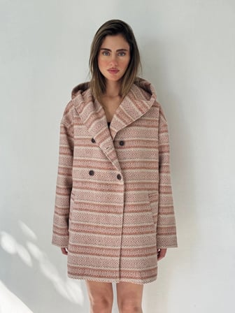 Retrobird Urban Retro Kapüşonlu Oversize Ceket Kaban Kadın Krem - Somon