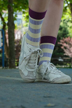 Kadın Mor-Sarı Çizgili Soket Çorap