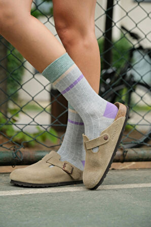 Kadın Gri-Mor Çizgili Soket Çorap