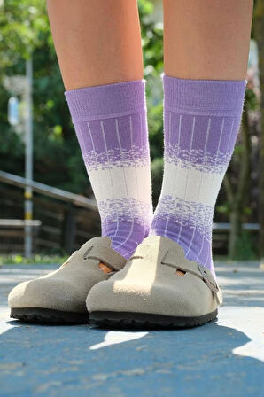 Kadın Mor-Krem Desenli Soket Çorap