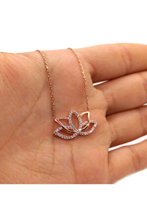 Bayan 925 Ayar Gümüş Roze Zirkon Taşlı Lotus Kolye Gklroslotus